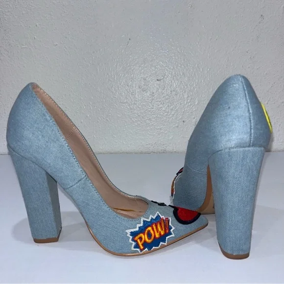 SOLD Denim Heels with Heart Peace Sign patches size 6.5 inches - Picture 4 of 4